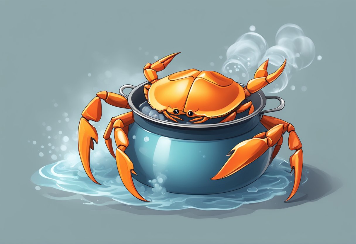 Crab claws boiling in a pot of water for 6-8 minutes. Steam rising. Timer set. Kitchen utensils nearby