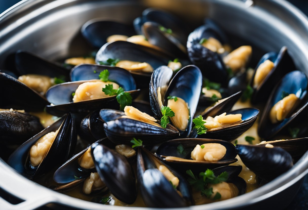 Mussels sit in a pot, bathed in garlic butter, steam rising