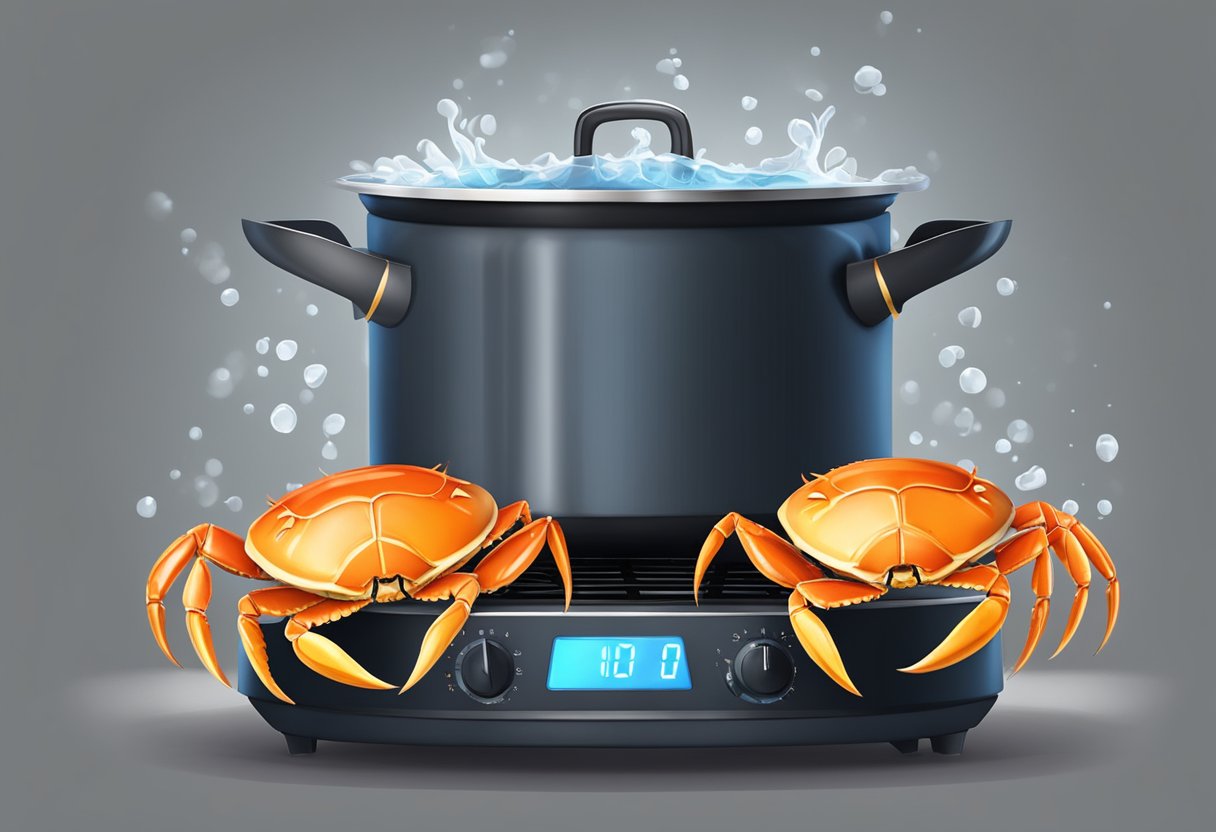 Crab claws boiling in a pot of water on a stove. Timer set for 8-10 minutes. Steam rising from the pot