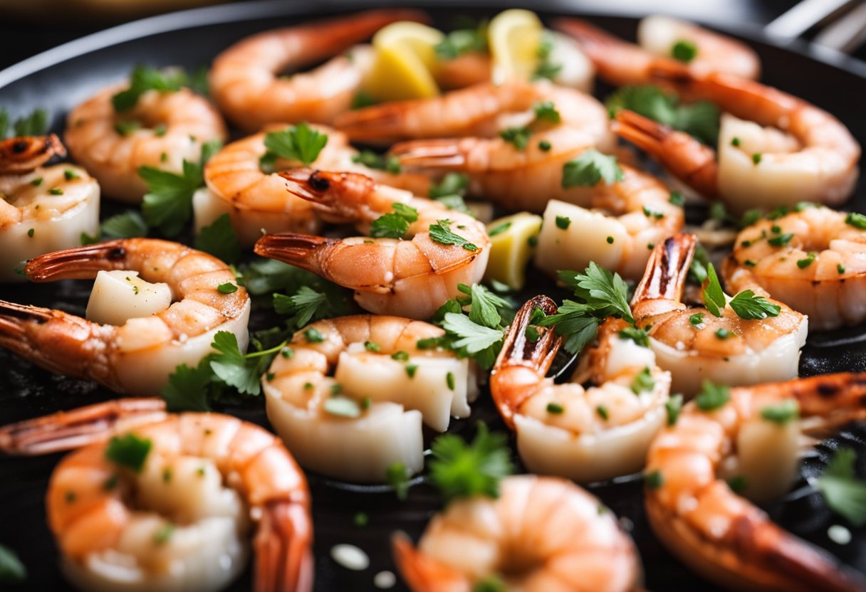 Garlic prawns being seasoned with herbs and spices in a sizzling hot pan