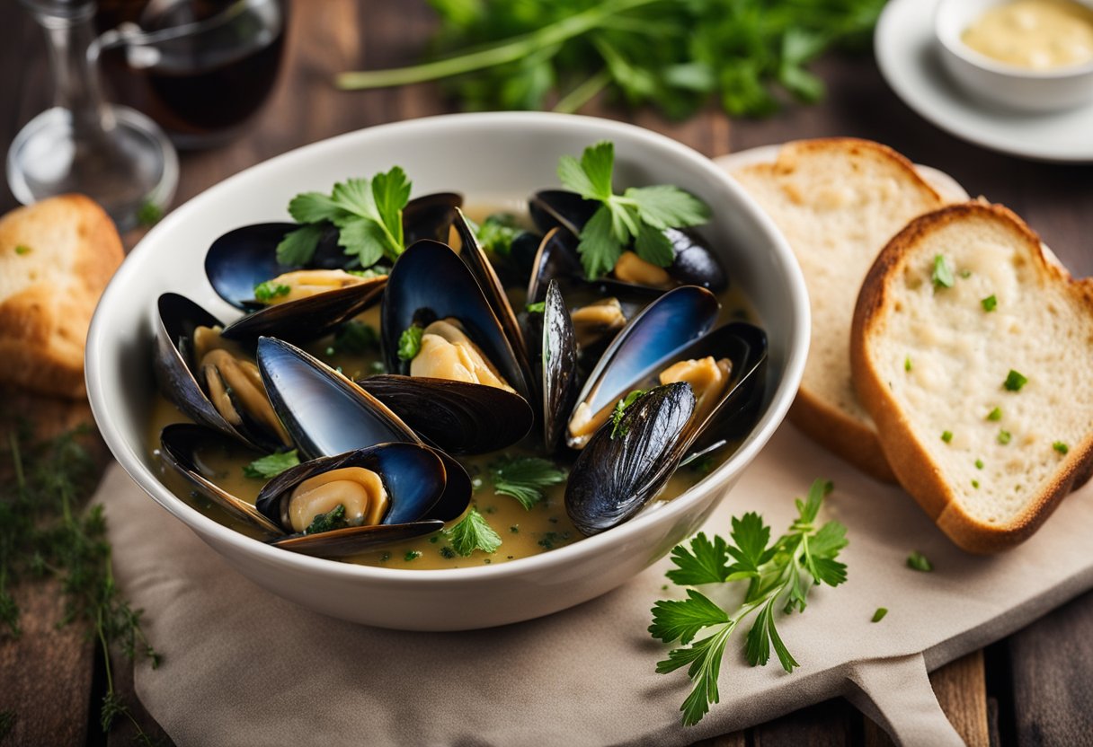 A pot of steaming mussels in a rich garlic butter sauce, with fresh herbs and a slice of crusty bread on the side