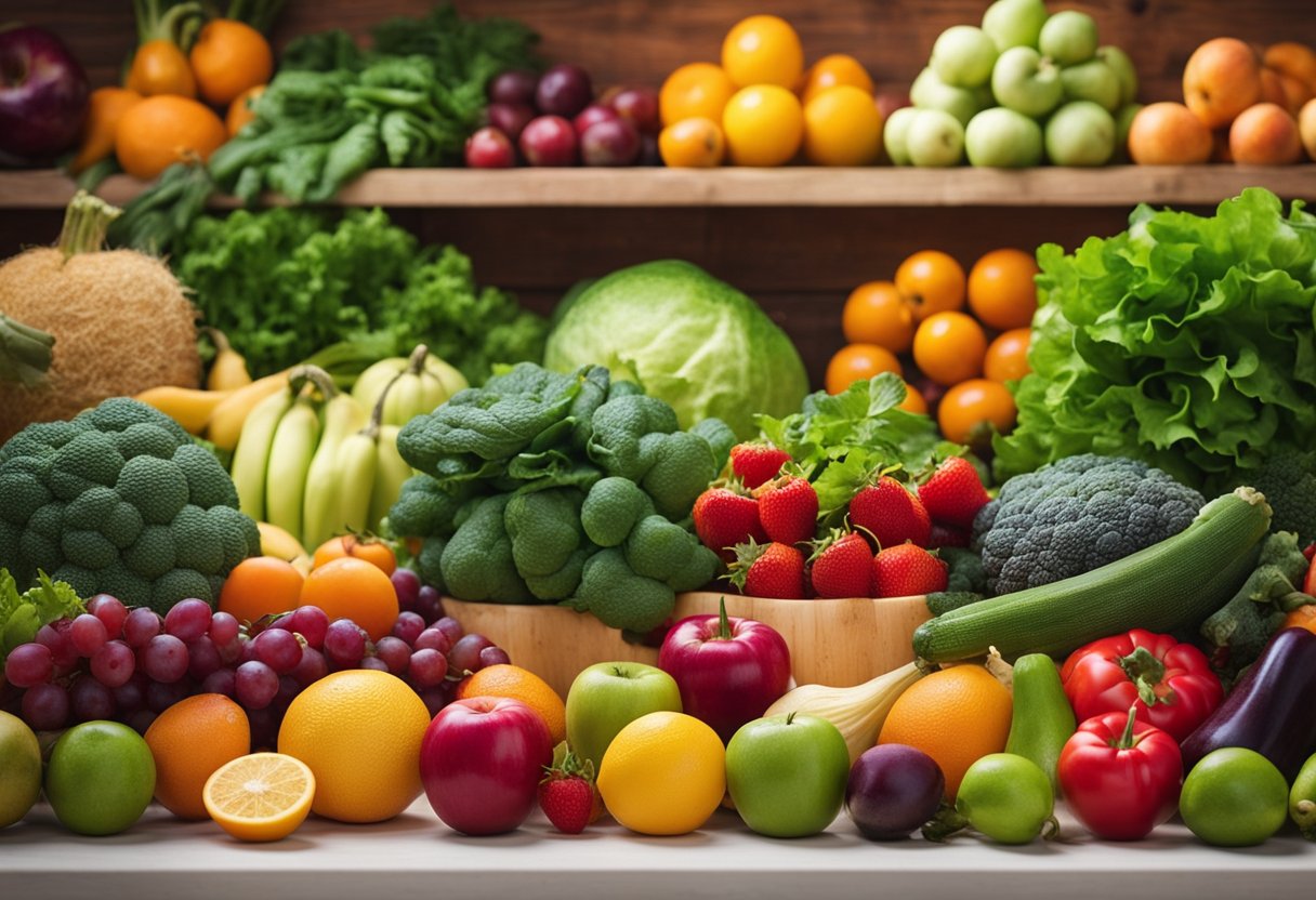 Color Food Psychology: A vibrant table with colorful fruits and vegetables arranged in a visually appealing manner, evoking feelings of happiness and positivity