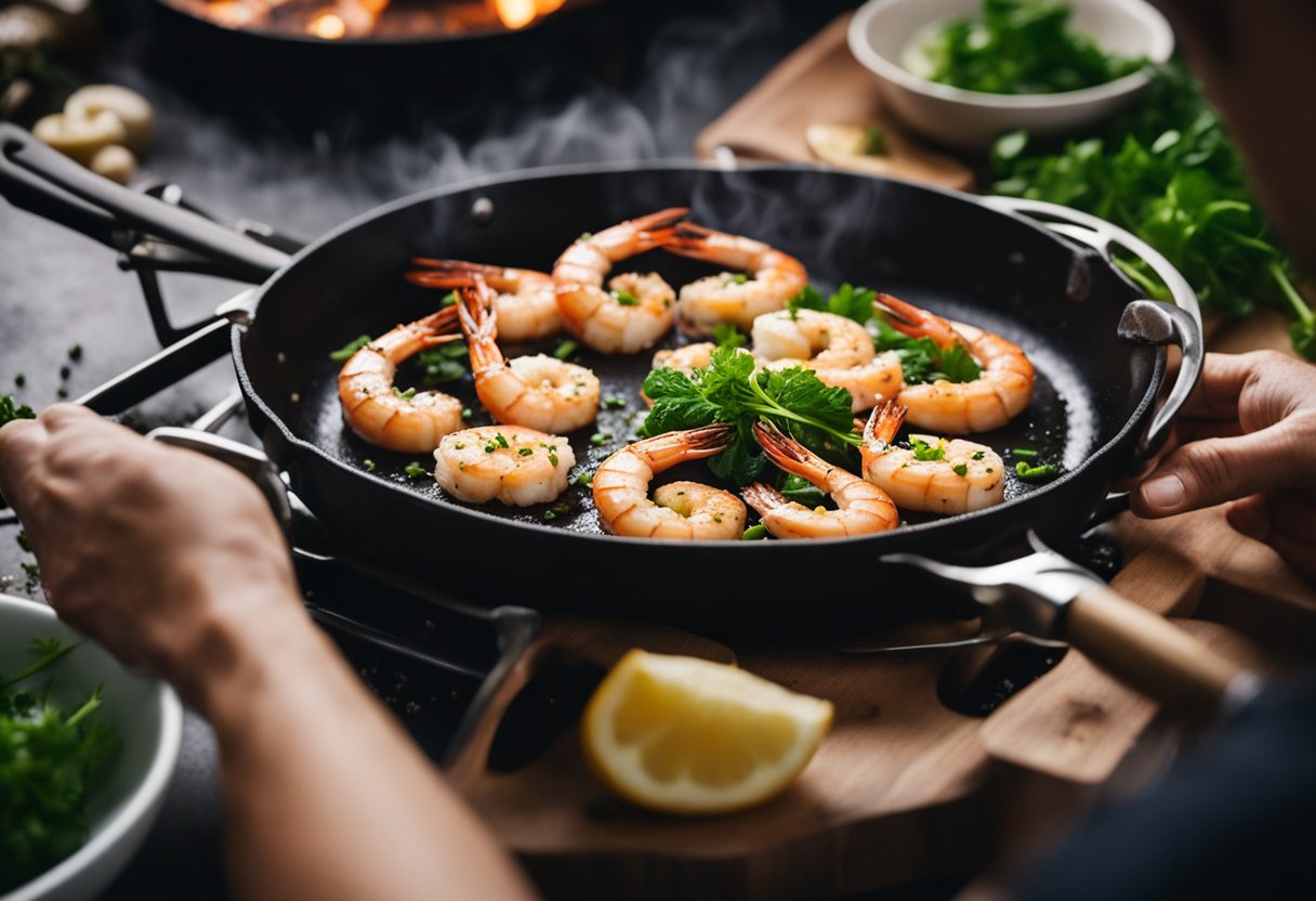 Garlic prawns sizzle in a hot pan, releasing their fragrant aroma. A chef uses tongs to carefully turn the prawns, then plates them with a garnish of fresh herbs