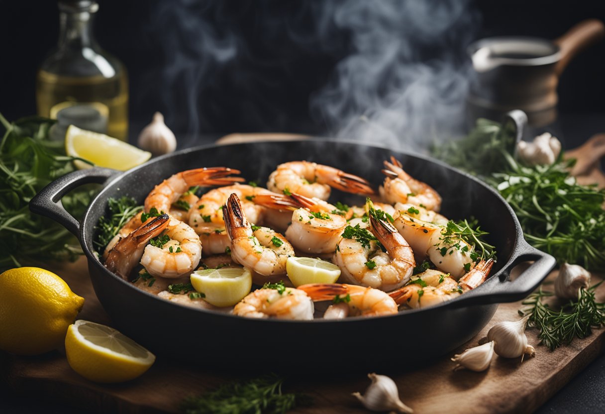 A sizzling pan of garlic prawns, steam rising, surrounded by lemon wedges and fresh herbs. A sign reading "Frequently Asked Questions garlic prawns" in the background