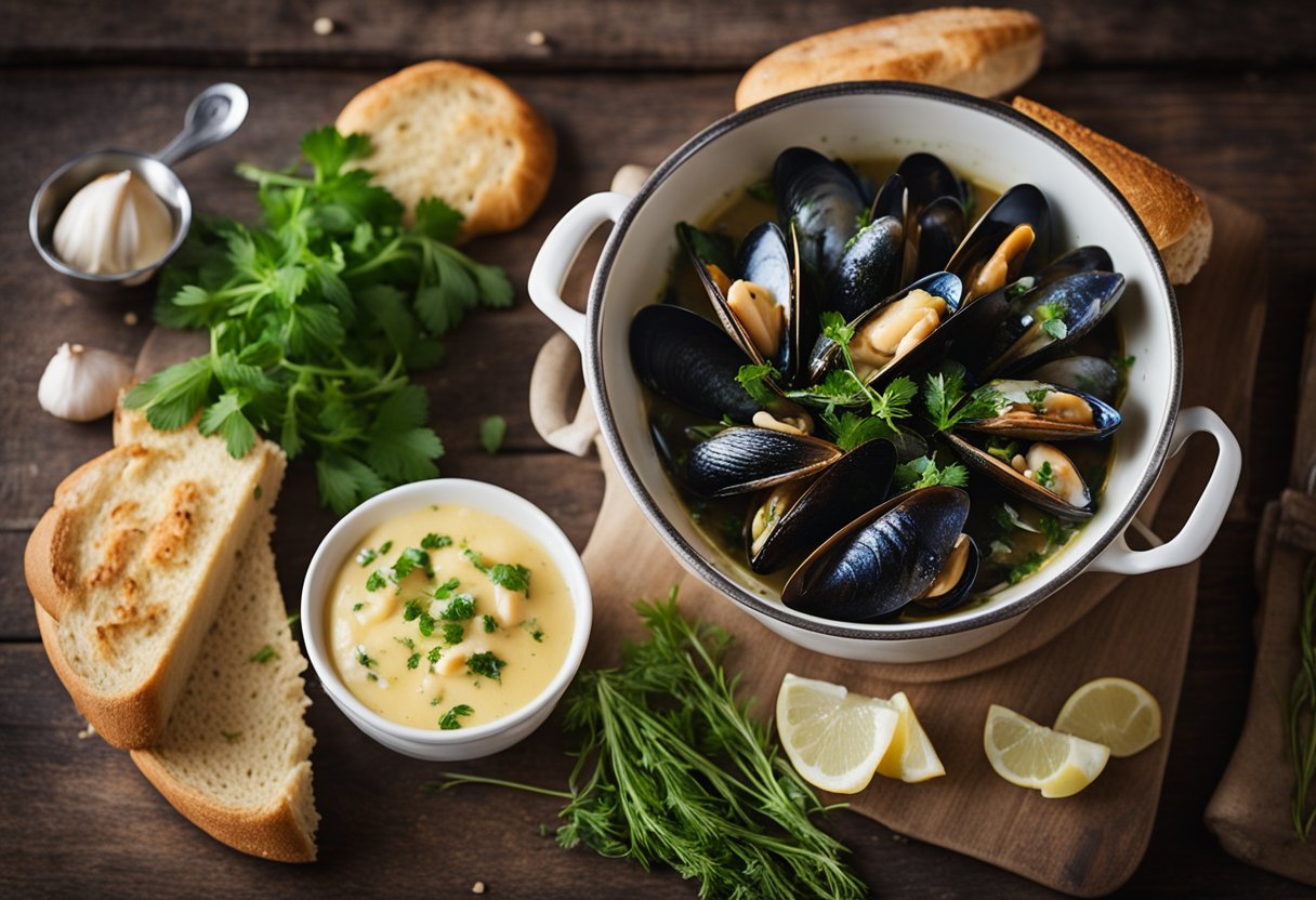 A pot of sizzling garlic butter mussels, steam rising, surrounded by crusty bread and a sprinkle of fresh herbs