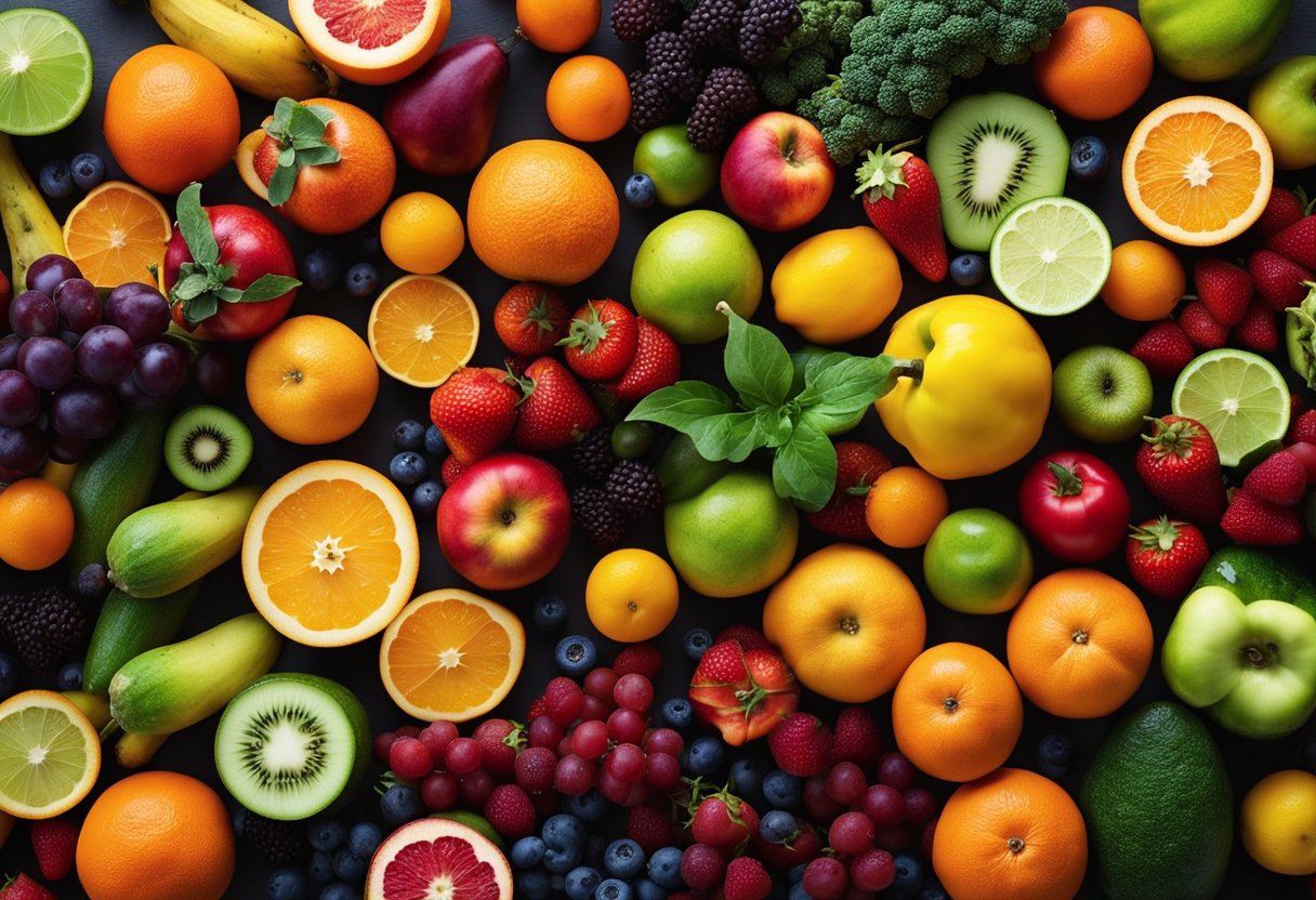 Color Food Psychology: A vibrant array of fruits and vegetables in varying hues, arranged in a gradient from warm to cool colors, evoking the psychological impact of color in food