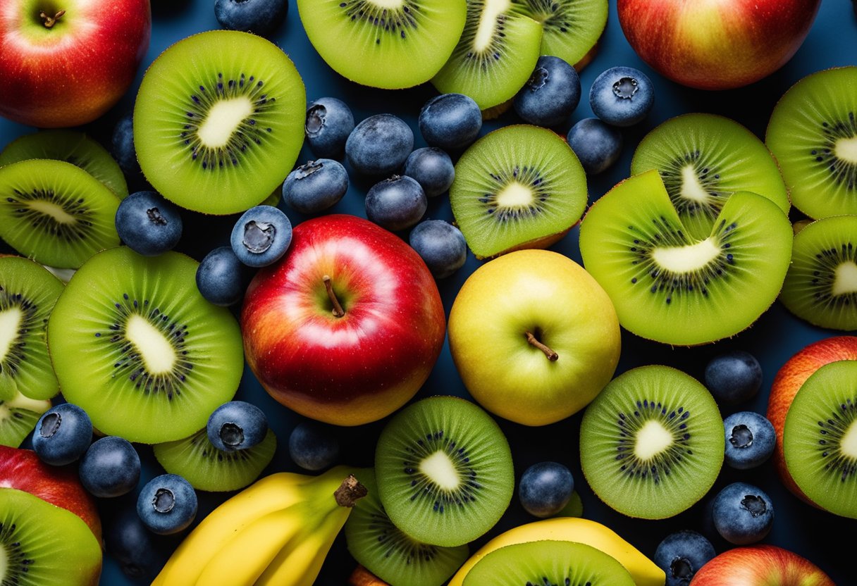 Color Food Psychology: A vibrant red apple sits next to a deep blueberry, surrounded by a bright yellow banana and a lush green kiwi, showcasing the influence of color on taste perception