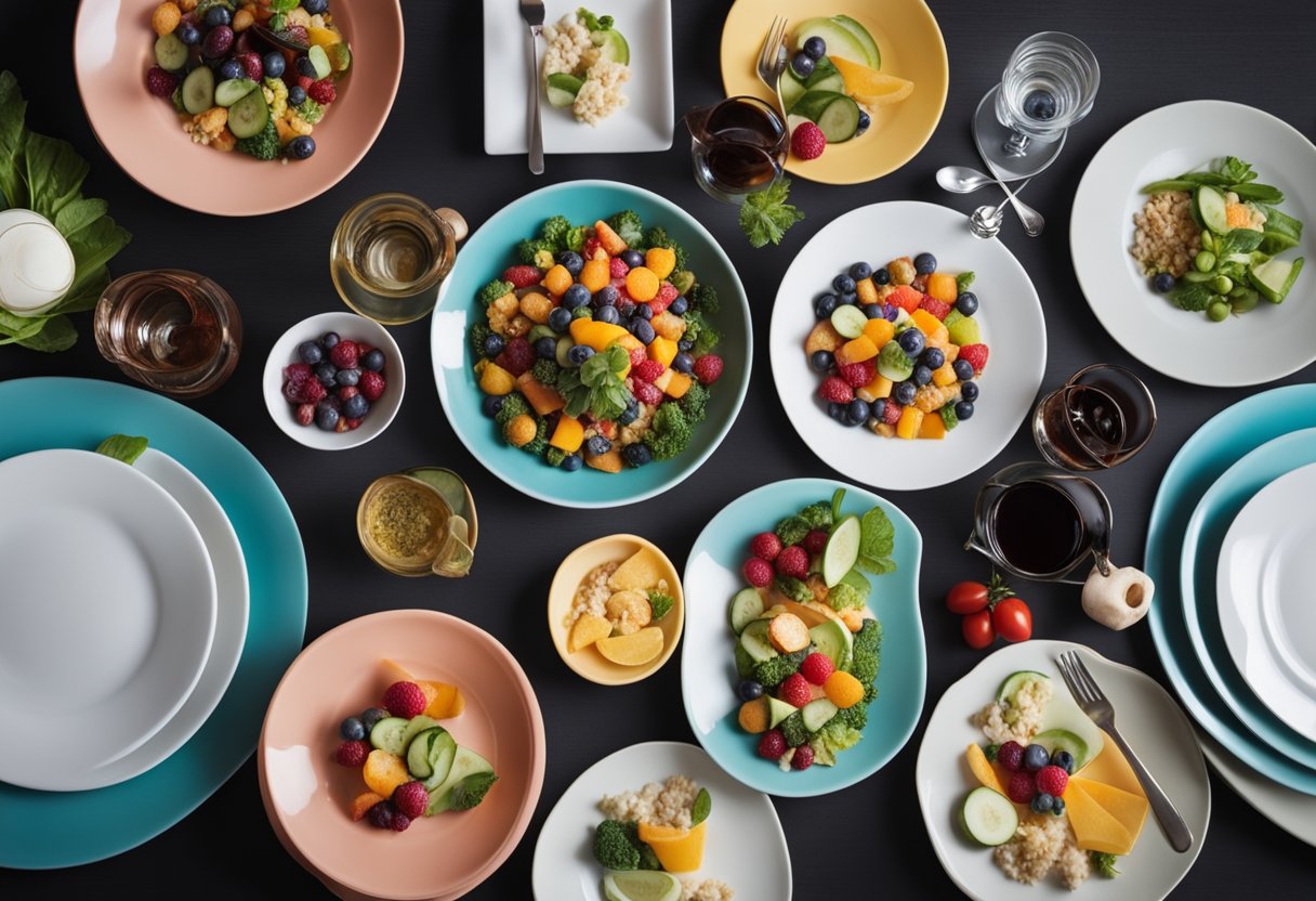 Color Food Psychology: A table set with vibrant, colorful dishes. Empty plates surrounded by various colored foods. A person's perspective looking down at the table