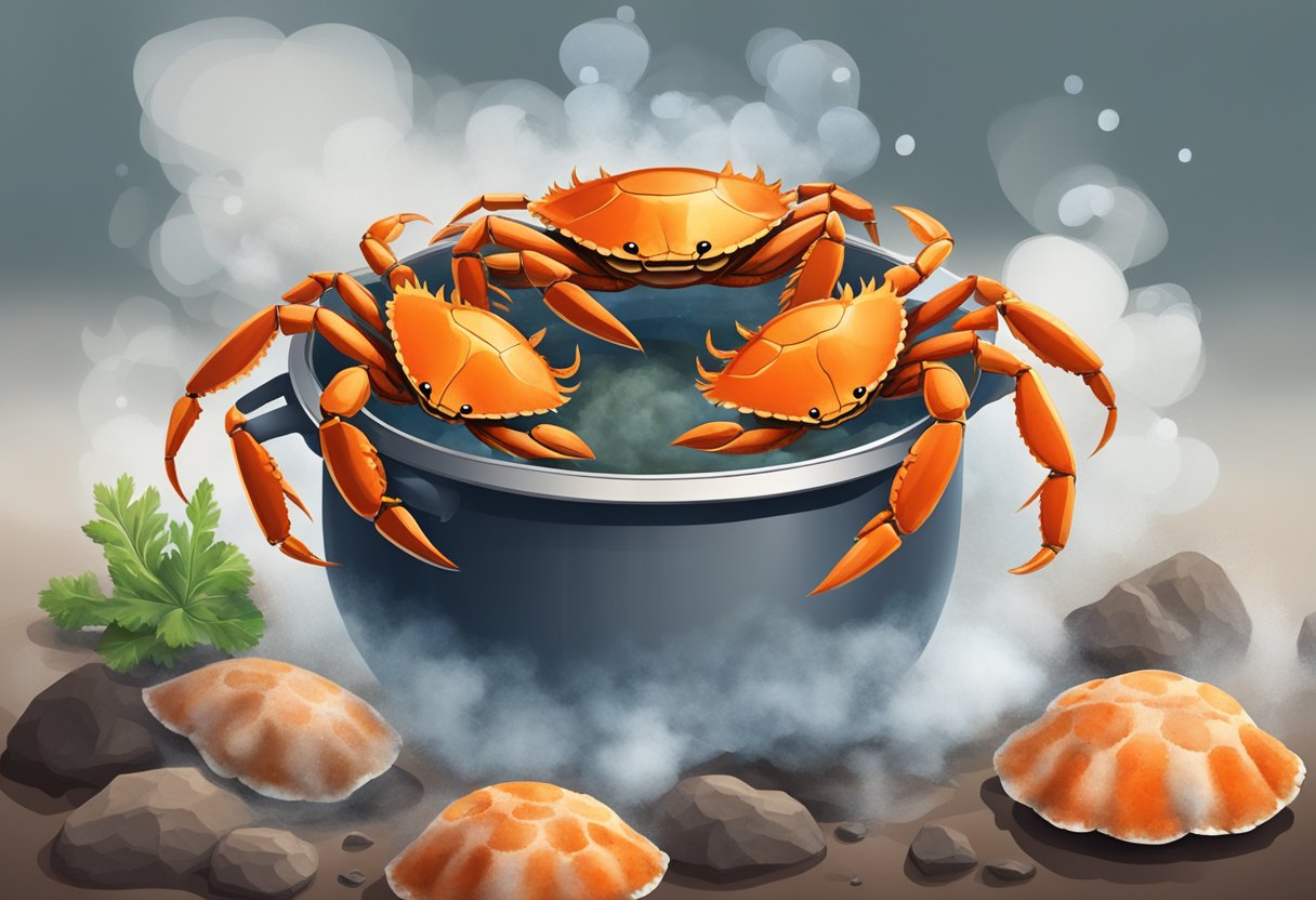 Crabs in a steaming pot, surrounded by rising steam