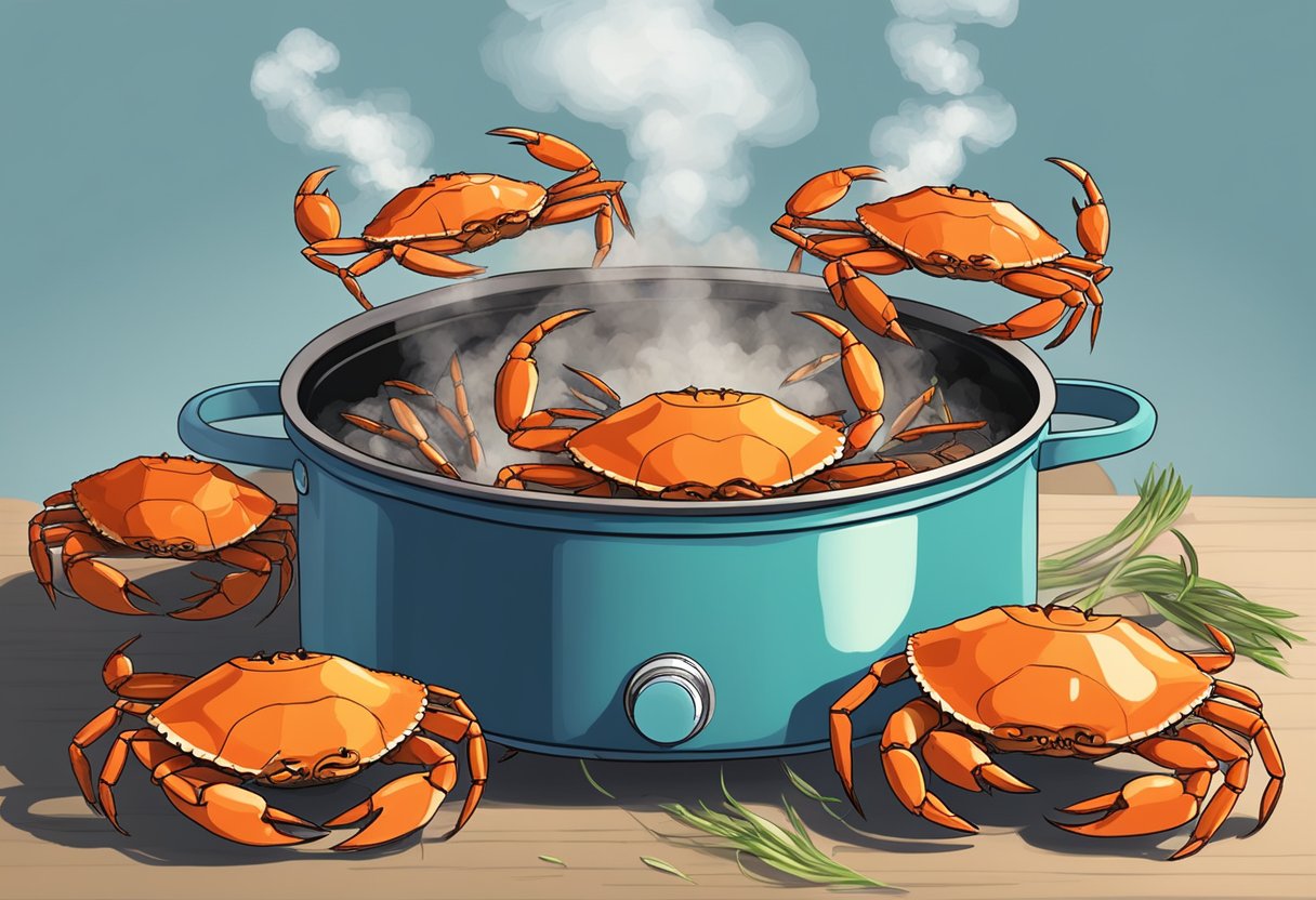 A pot of steaming crabs with a timer set for 10 minutes. A cloud of steam rises as the crabs cook