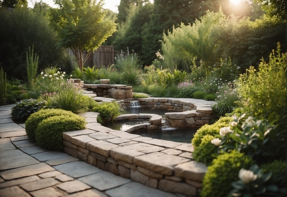 A lush backyard garden with a variety of plants and flowers, a winding stone pathway, a cozy seating area, and a small water feature surrounded by greenery