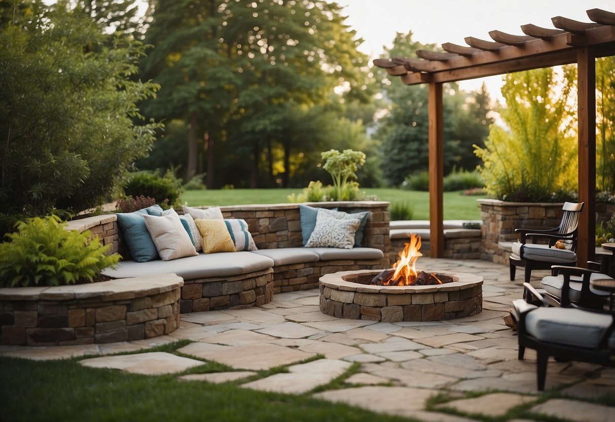 A spacious backyard with a variety of hardscaping elements including a stone patio, fire pit, pergola, and lush green landscaping