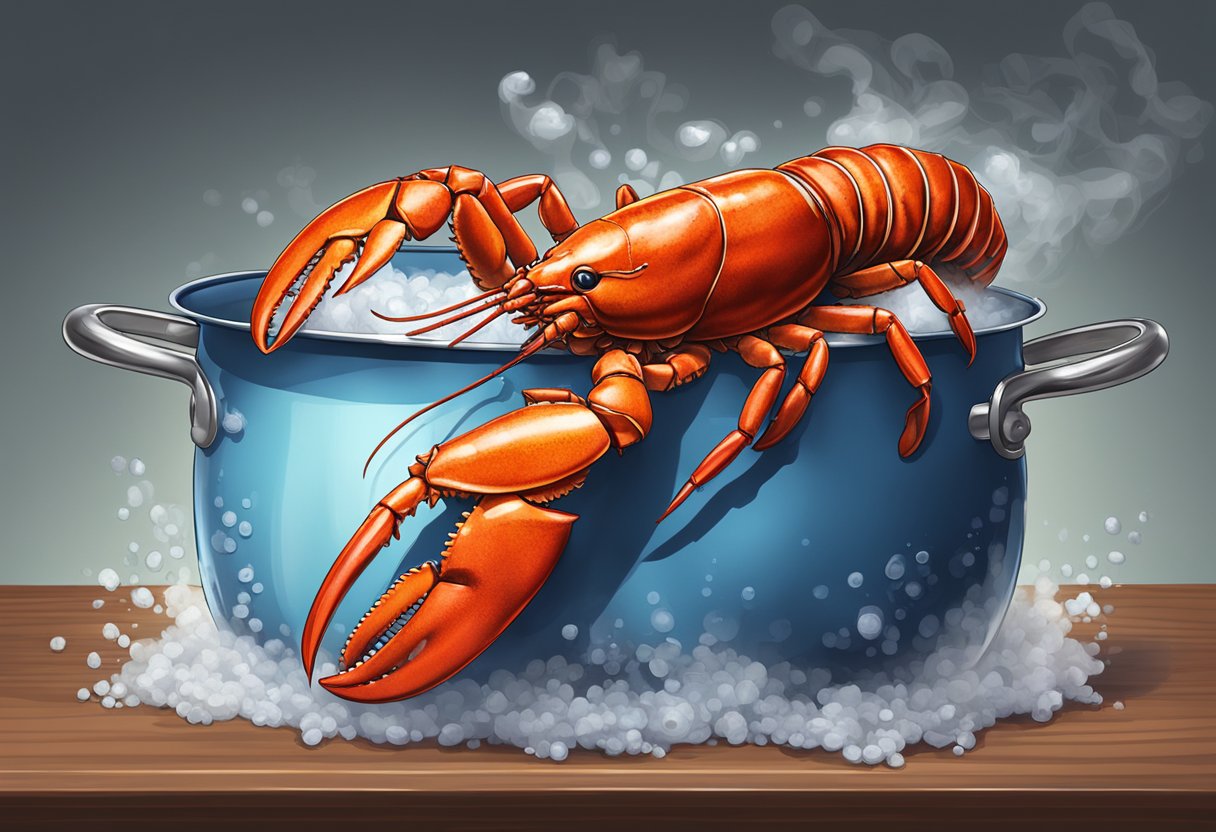 A live lobster placed in a large pot of boiling water, steam rising, lid on, timer set for 8-12 minutes