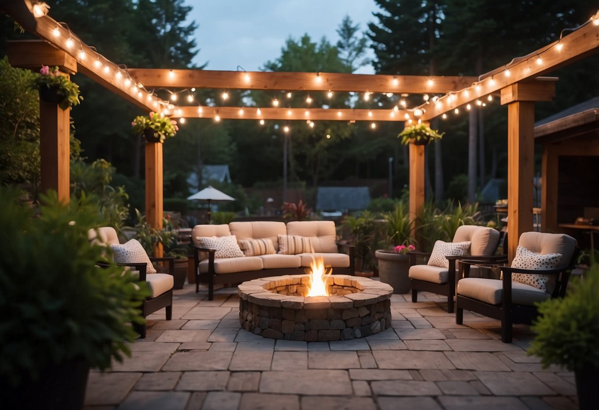 A backyard with string lights hanging from a pergola, a fire pit surrounded by Adirondack chairs, and potted plants lining a stone pathway