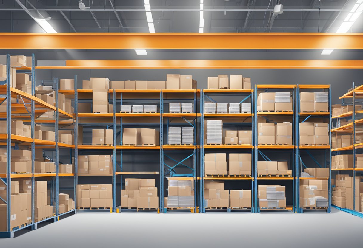 A brightly lit warehouse with shelves stacked high with KASPA supplies, showing the details and prices clearly displayed