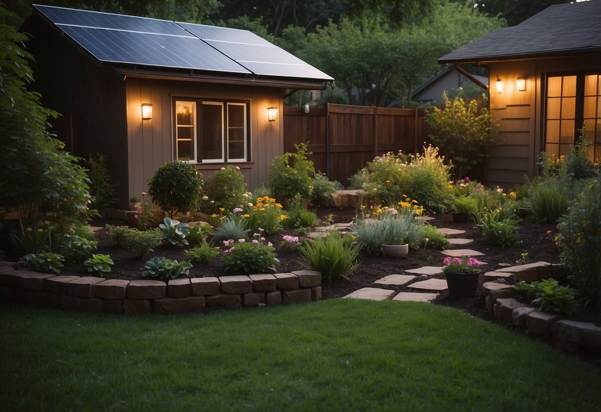 A lush backyard with a mix of native plants, a rainwater collection system, compost bins, and a vegetable garden. A solar-powered outdoor lighting system illuminates the space at night