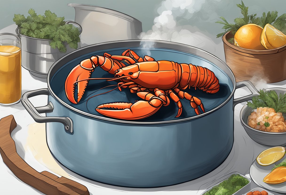 Lobster steaming in a large pot, steam rising, serving platter nearby