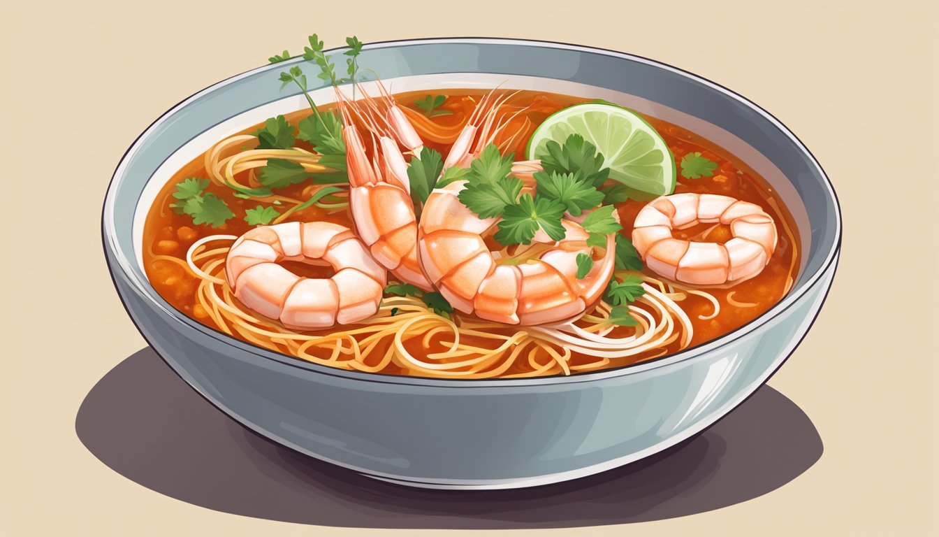 A steaming bowl of geylang laksa prawn noodles with vibrant red broth, succulent prawns, and a sprinkle of fresh herbs