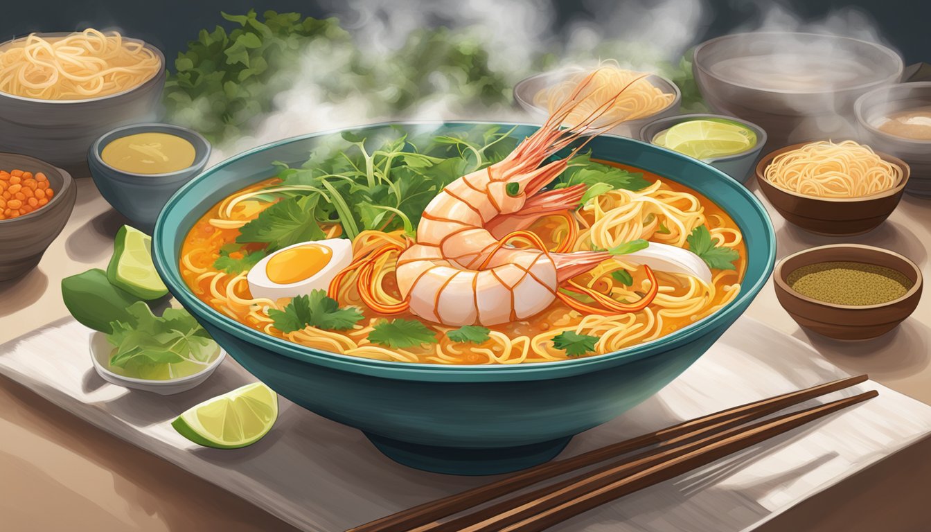 A steaming bowl of Geylang Laksa Prawn Noodles sits on a table, surrounded by vibrant spices and fresh ingredients. Steam rises from the bowl, enticing the viewer with its fragrant aroma