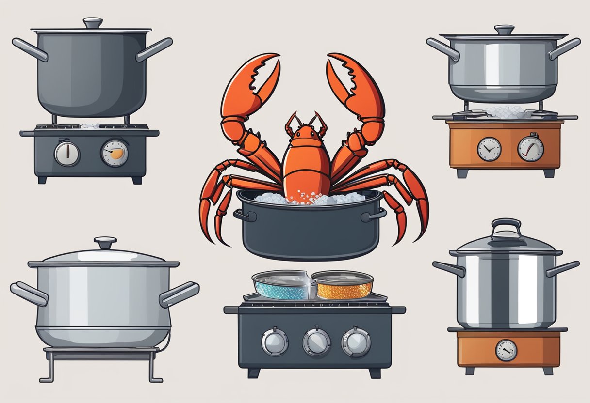 Lobster steaming process: pot on stove, water boiling, lobster placed inside, steam rising, timer set