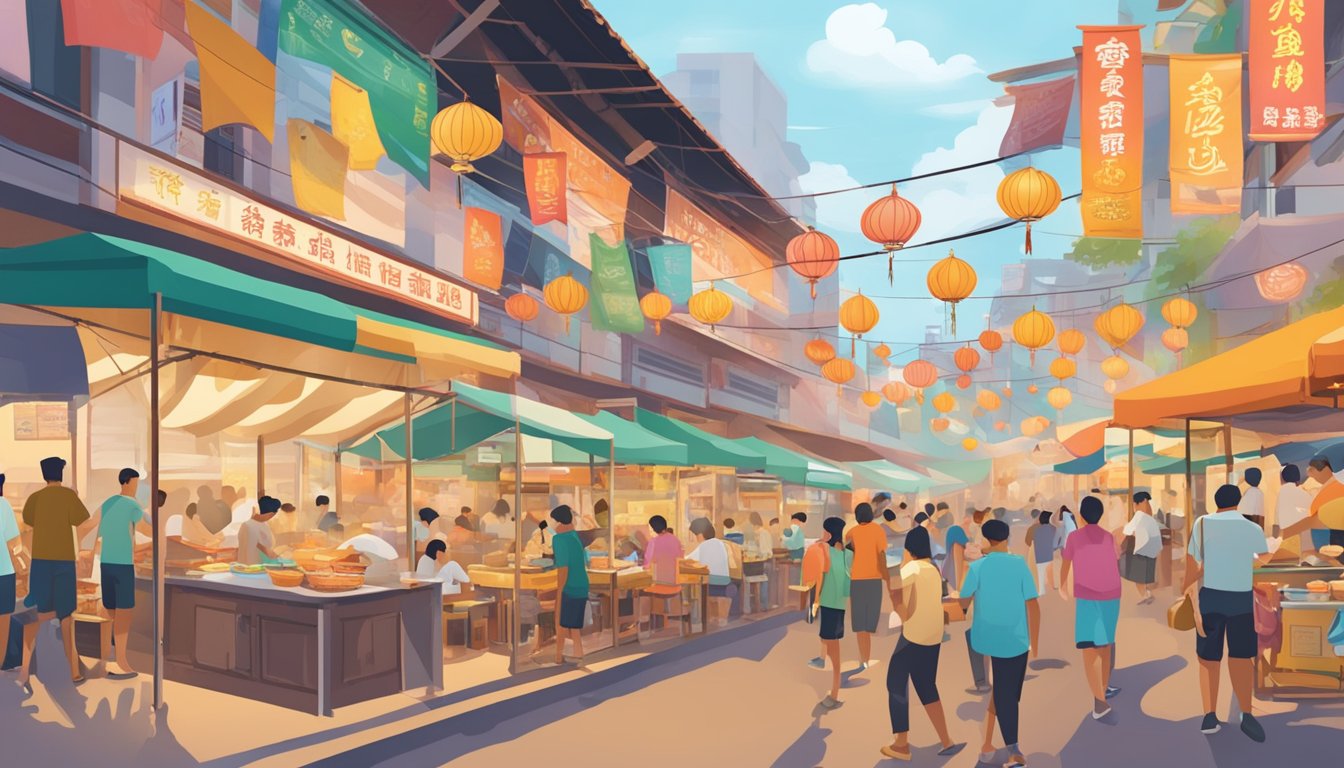 A bustling hawker center in Geylang, with steam rising from bowls of laksa and prawn noodles, surrounded by colorful signs and bustling street vendors