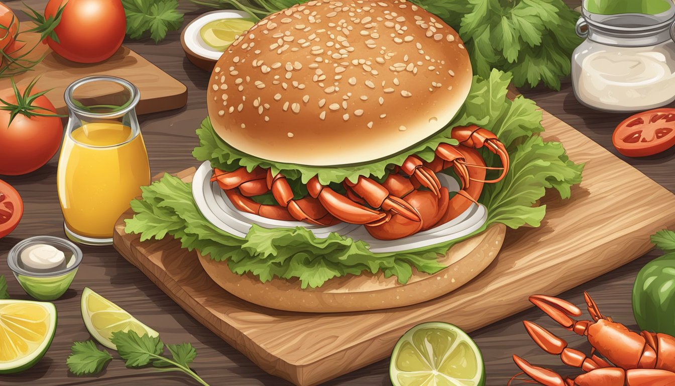 A juicy lobster burger being assembled with fresh ingredients on a wooden cutting board