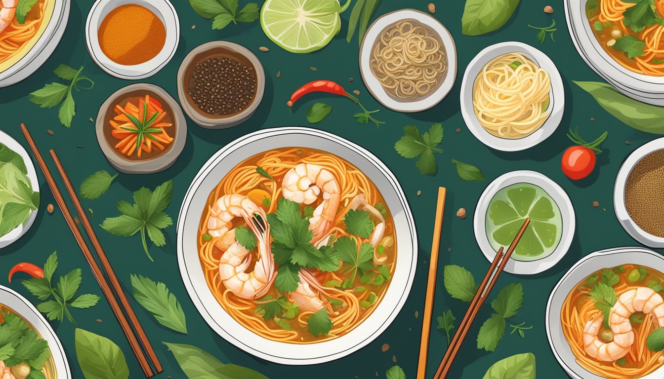 A steaming bowl of geylang laksa prawn noodles with chopsticks resting on the side, surrounded by vibrant spices and fresh herbs