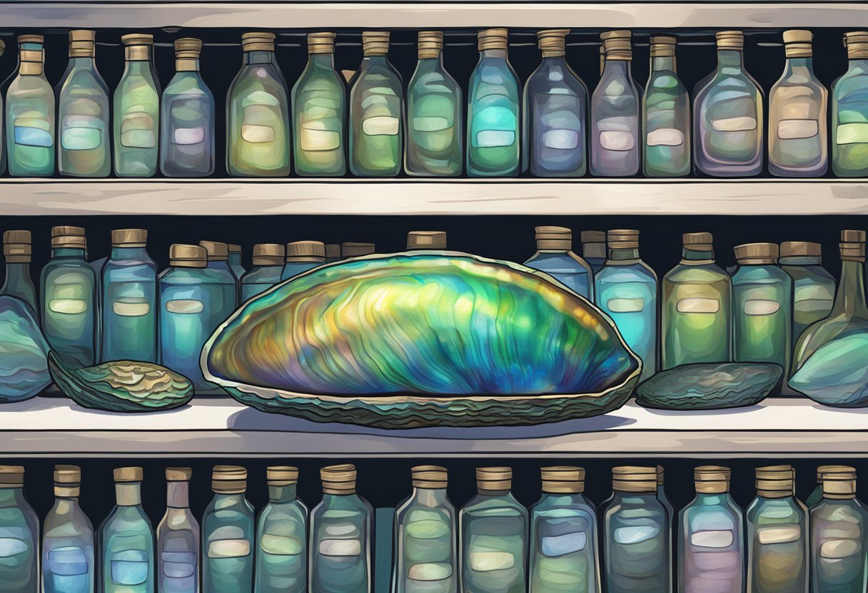 Fresh abalone sits on a refrigerator shelf, its iridescent shell glistening in the cool light. A calendar on the wall marks the date of purchase, raising the question: how long will it keep?