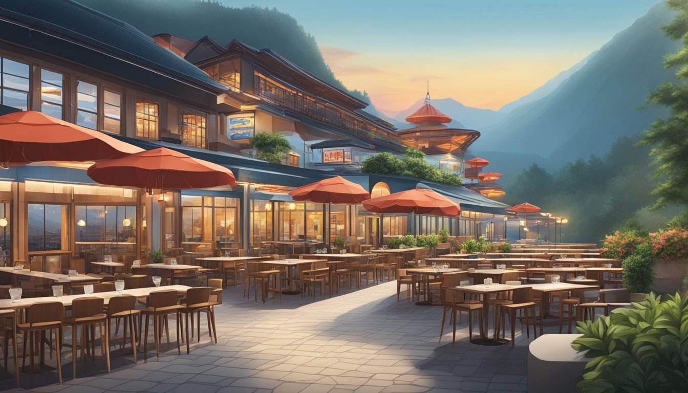 A scenic mountain view with a clear pathway leading to a restaurant serving Genting lobster burgers