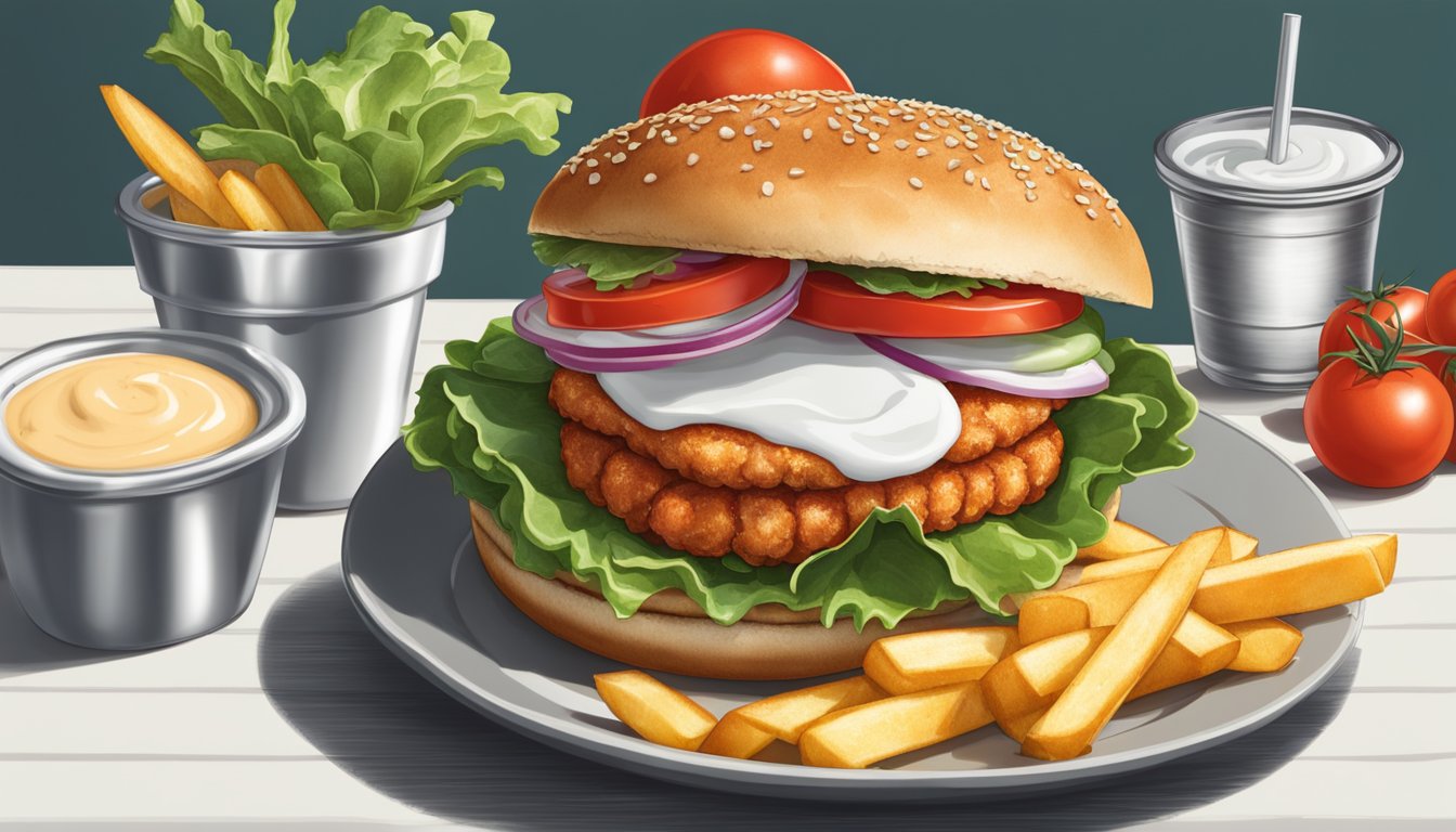 A succulent lobster burger on a toasted bun with crisp lettuce and juicy tomatoes, served with a side of golden fries and a dollop of tangy aioli