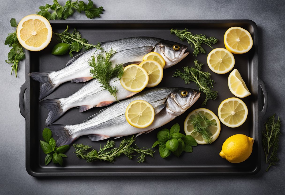 A fresh fish lies on a baking sheet surrounded by lemon slices and herbs. The oven is preheated and ready for the fish to be placed inside