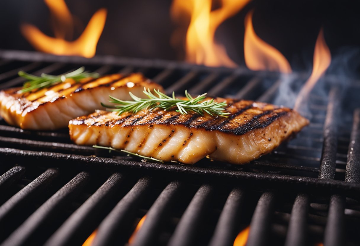 A fish fillet sizzles on a hot grill, turning from pink to golden brown as it blackens. Flames lick the edges, creating charred marks