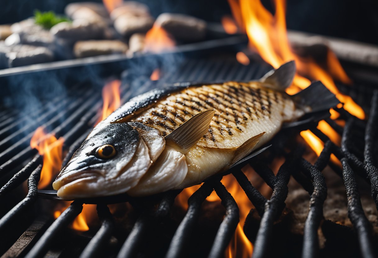 Fish being seasoned with blackening spices, placed on a hot grill, sizzling as it cooks, with smoke rising and a charred crust forming