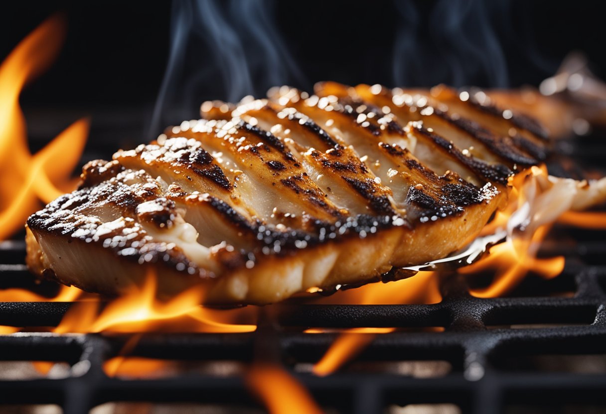 A fish fillet sizzling on a hot grill, with flames licking the edges as it blackens to perfection