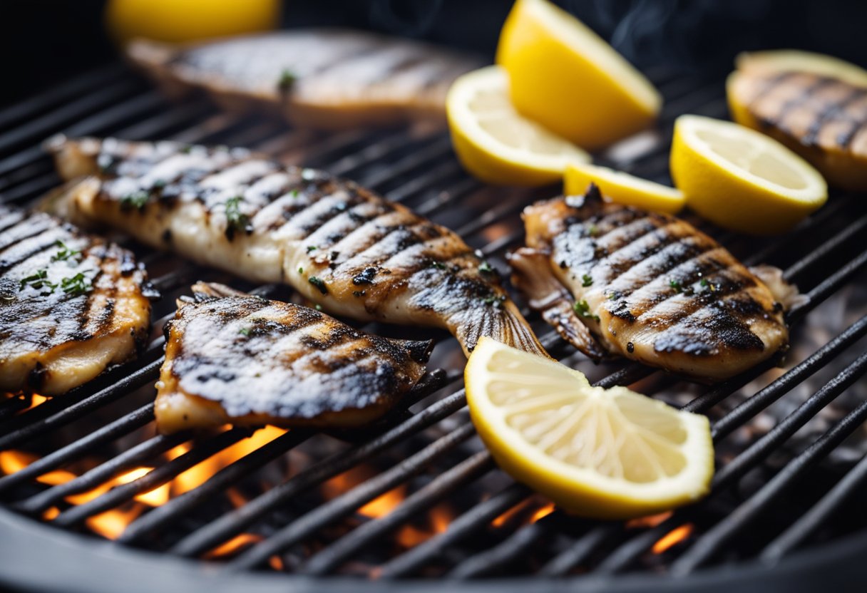 Fish sizzling on a hot grill, smoke rising as it blackens. Grill marks visible on the fish's skin. Lemon slices nearby