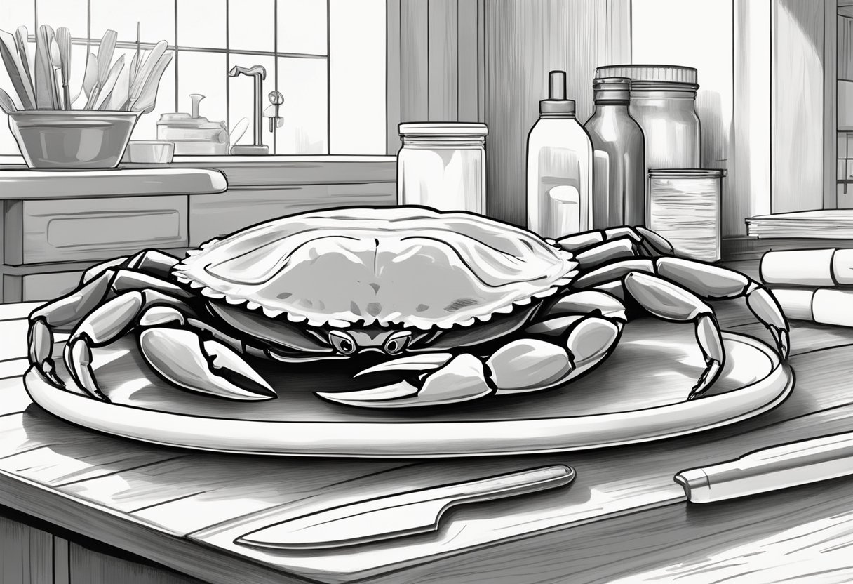 A clean, organized workspace with a cutting board, knife, and scrub brush. A live crab sits nearby, ready to be cleaned before cooking