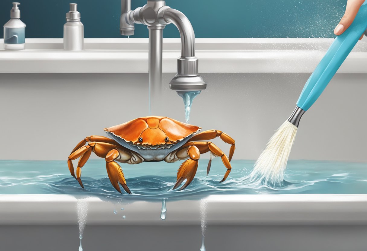 A crab being scrubbed with a brush under running water. Legs and shell being cleaned thoroughly