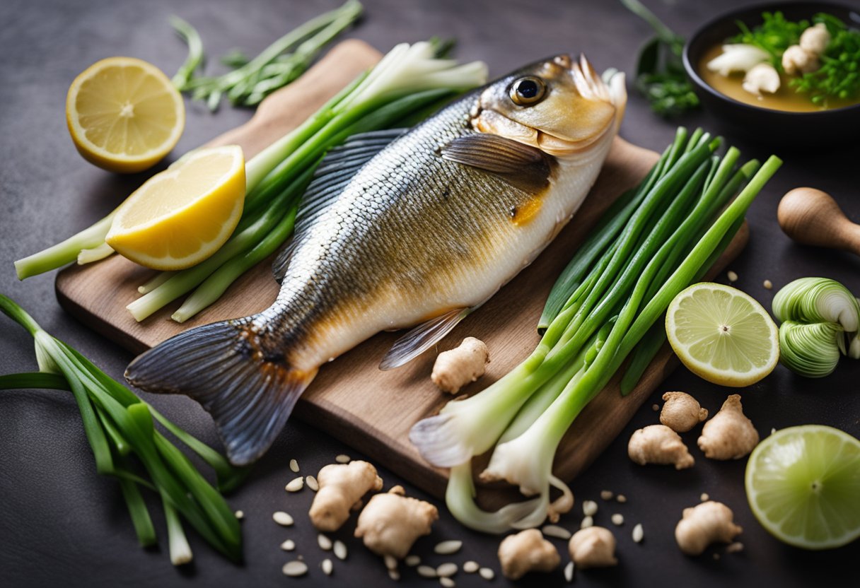 A fish surrounded by fresh ginger and spring onions