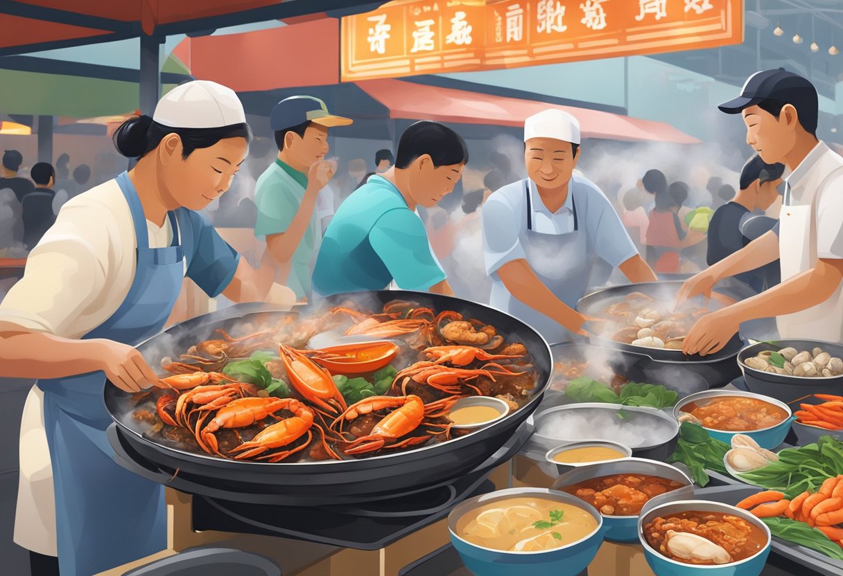 A bustling hawker center with steaming pots of chili crab, sizzling black pepper prawns, and fragrant garlic butter mussels. The air is filled with the aroma of fresh seafood and the sound of clinking plates