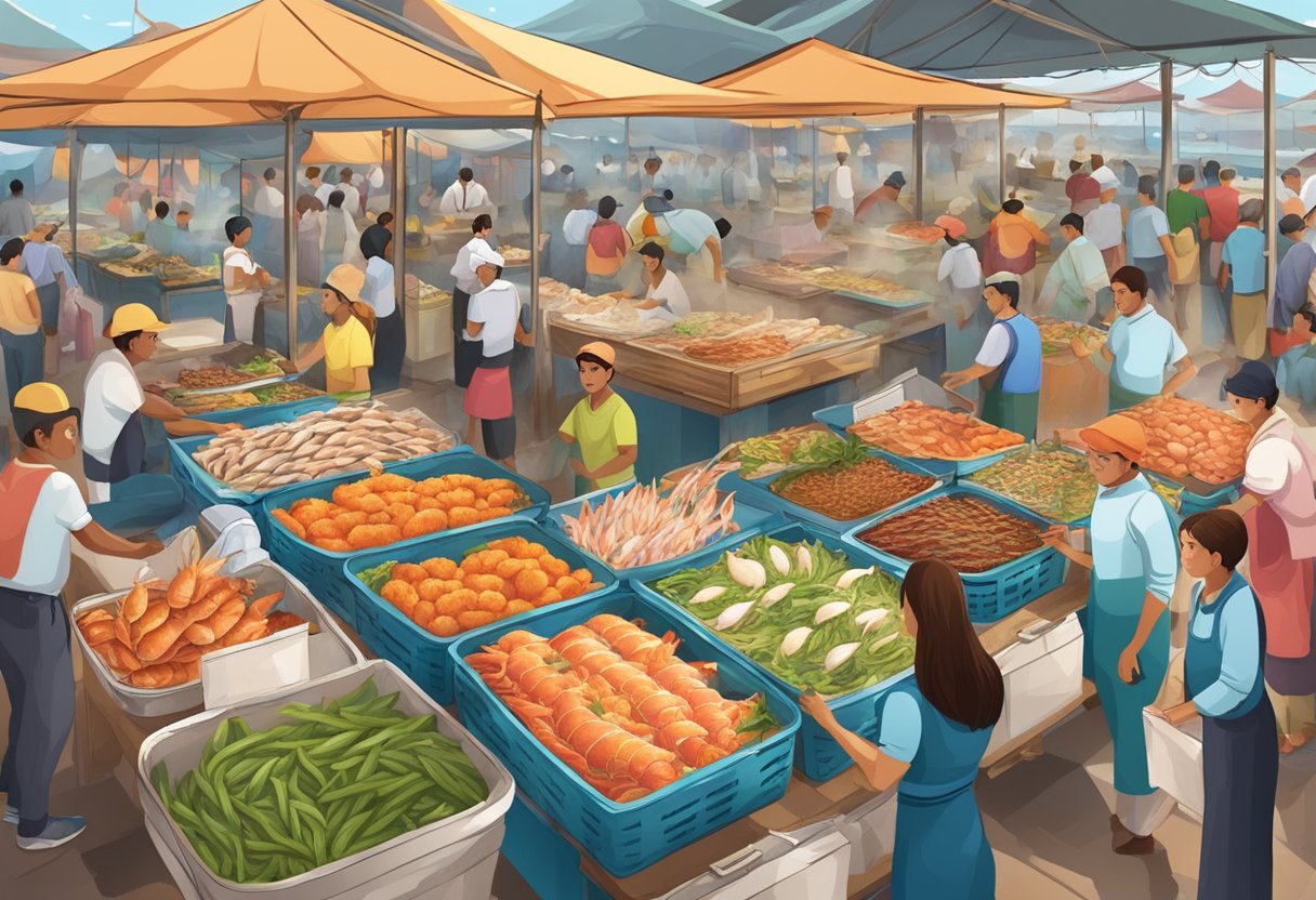 A bustling seafood market with colorful stalls and fresh catches on display, surrounded by eager customers and the savory aroma of sizzling seafood dishes