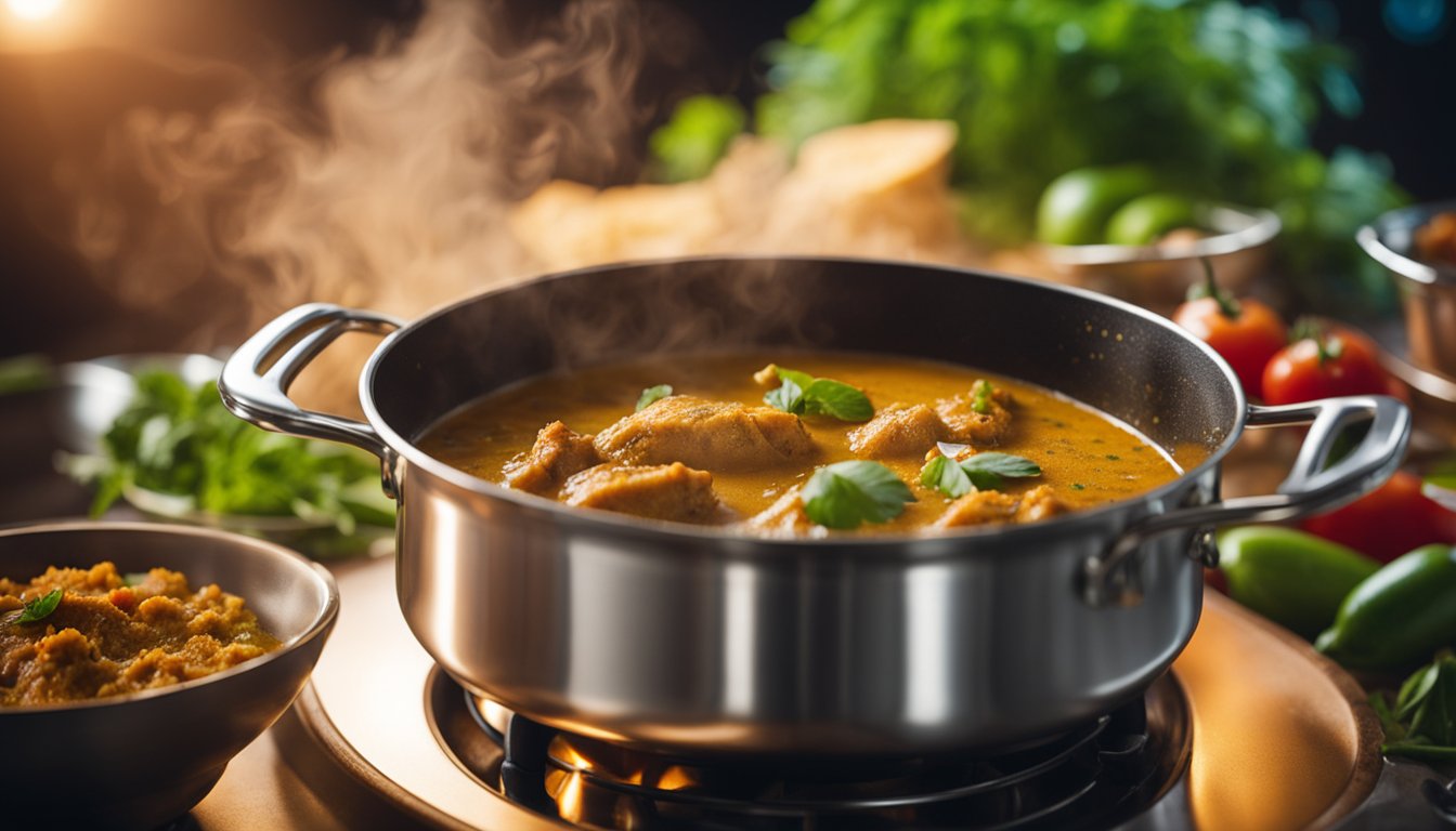 A steaming pot of Goan fish curry simmers on a stovetop, with vibrant red and green spices floating on the surface, and a creamy coconut aroma filling the air
