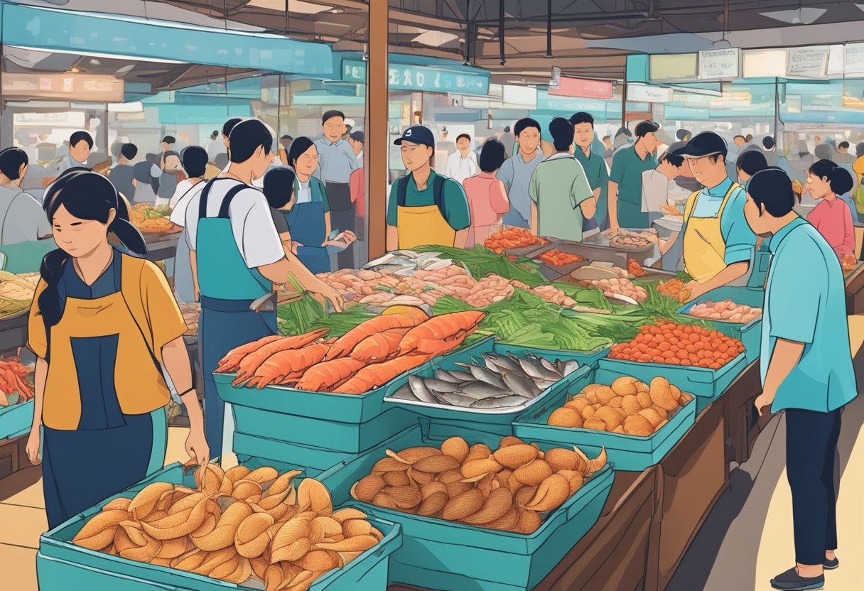 A bustling seafood market with colorful displays and eager customers asking questions about affordable options in Singapore