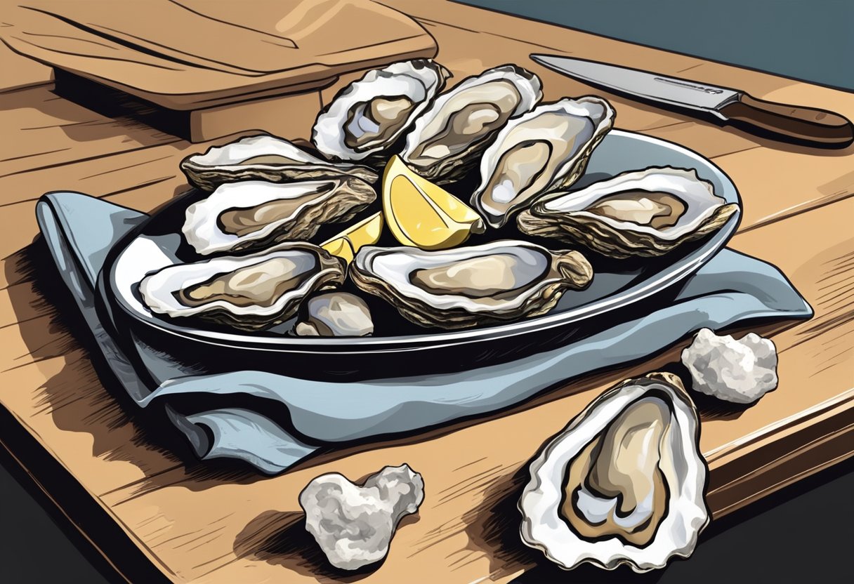 A countertop with a pile of fresh raw oysters, a shucking knife, and a clean towel