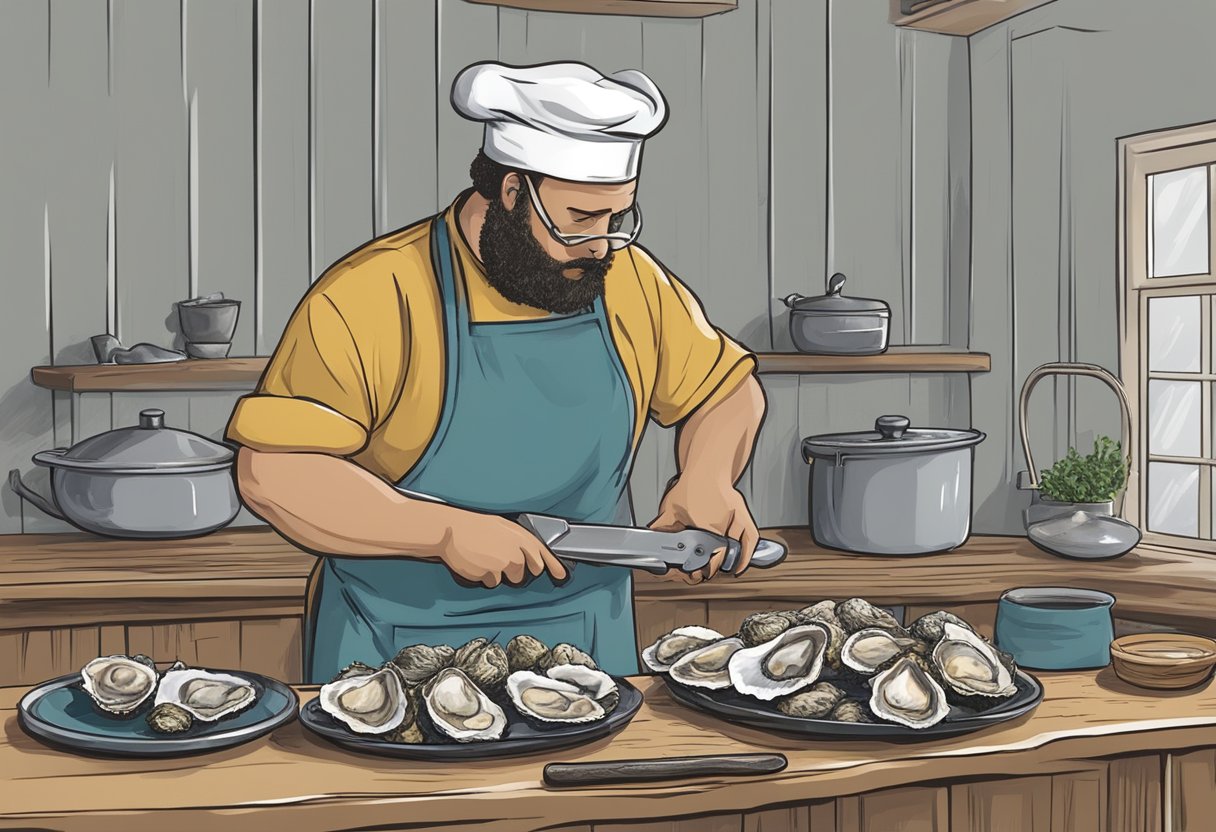 Oysters being shucked and cleaned with a knife and brush