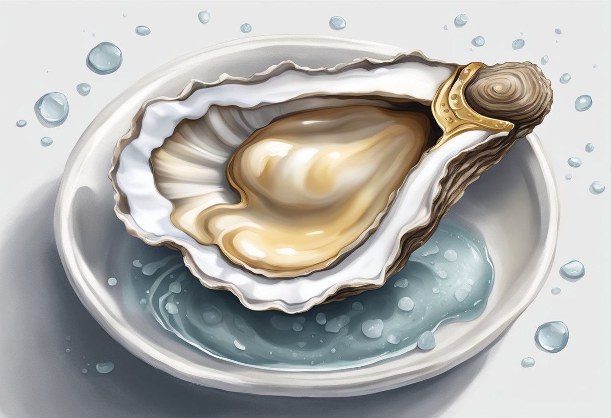 An open oyster shell sits on a clean, white surface with a small scrub brush and running water nearby