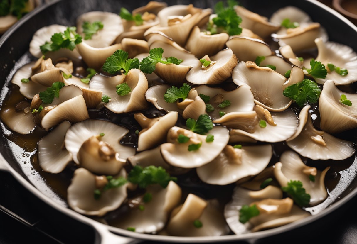 Oyster mushrooms sizzle in a hot pan with garlic, soy sauce, and vinegar. Steam rises as the savory aroma fills the kitchen