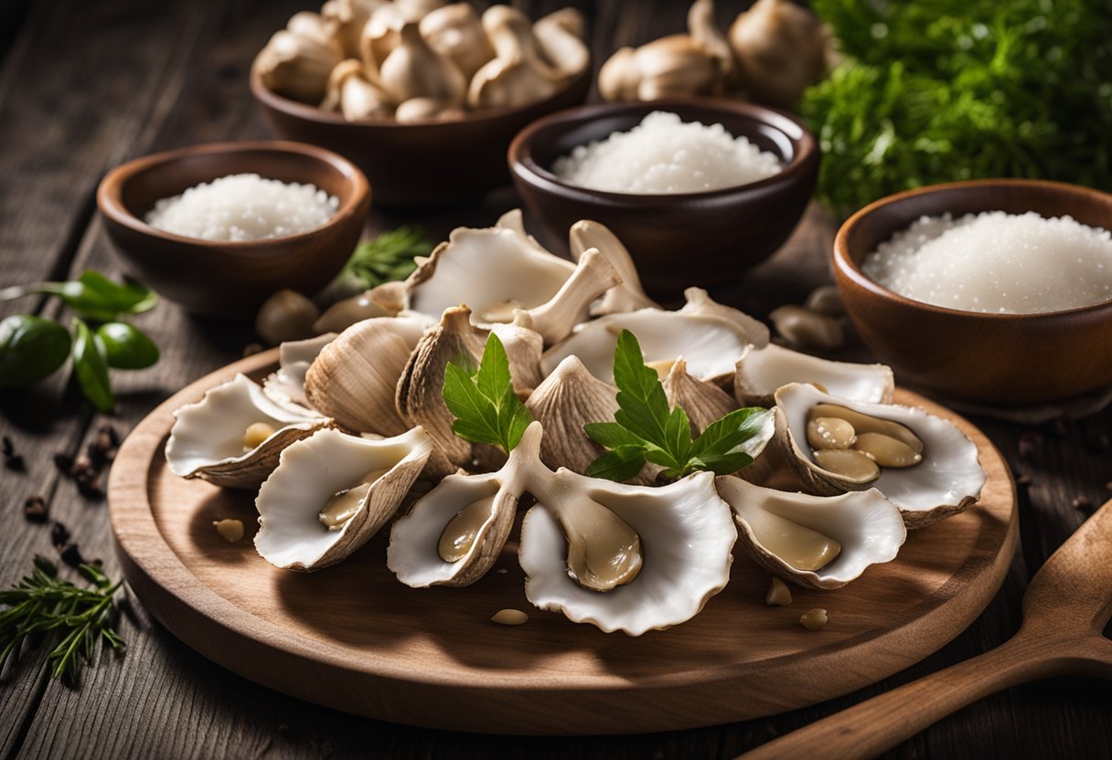 Oyster mushrooms, garlic, soy sauce, vinegar, and bay leaves arranged on a wooden cutting board. Bowls of salt, pepper, and oil nearby