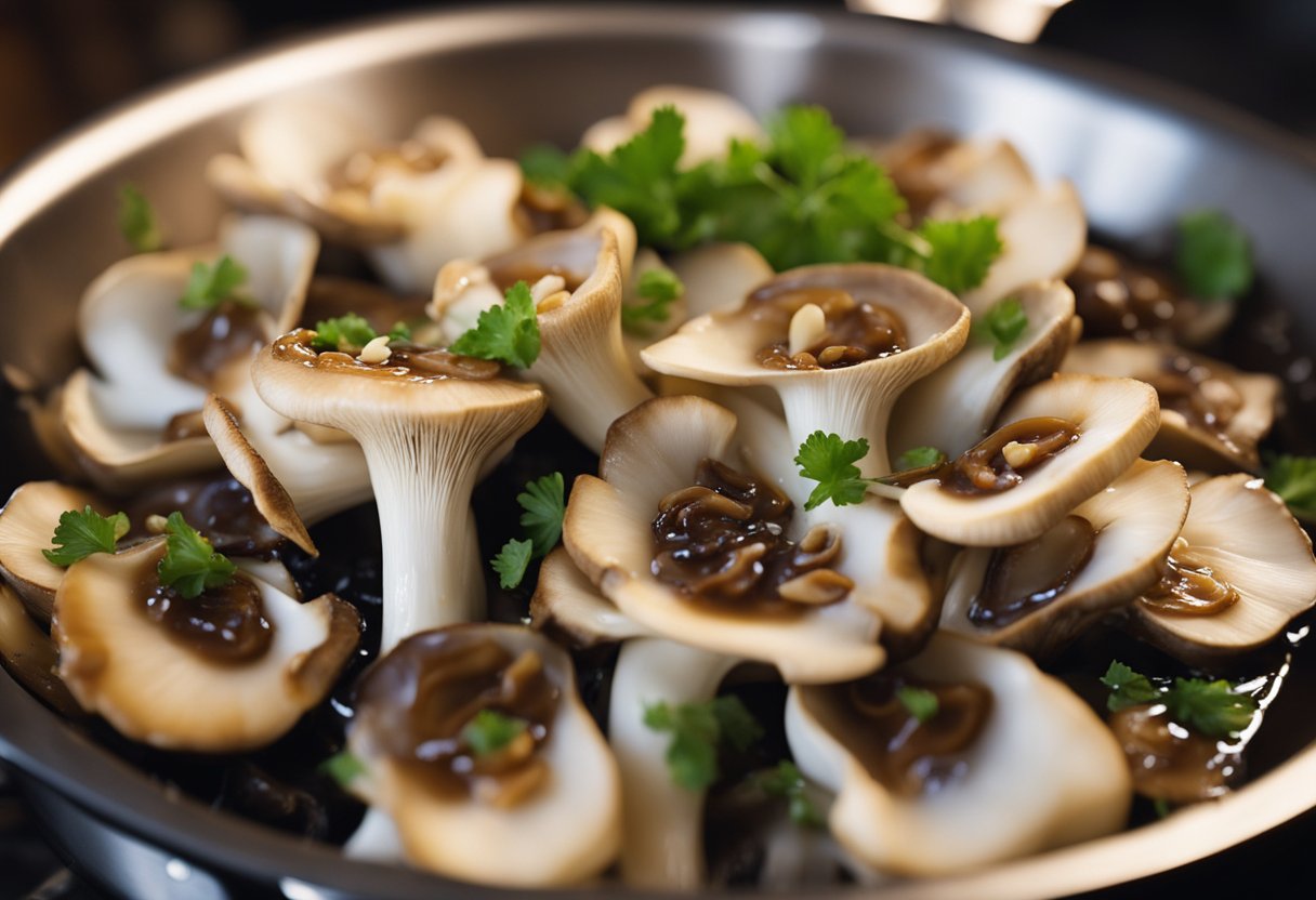 Oyster mushrooms sizzle in a hot pan with garlic, soy sauce, and vinegar. Steam rises as the mixture simmers, creating a savory aroma