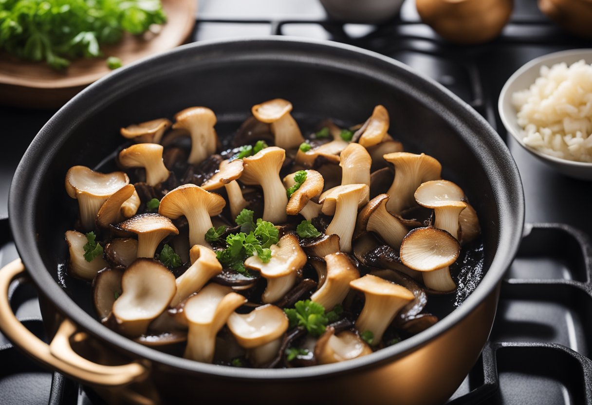 A pot sizzles as oyster mushrooms are sautéed in a savory blend of soy sauce, vinegar, and garlic. Steam rises, filling the kitchen with the aroma of adobo