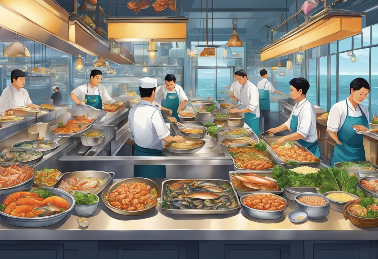 A bustling seafood restaurant in Singapore, with colorful displays of fresh fish and shellfish, chefs expertly preparing dishes, and diners enjoying the vibrant atmosphere